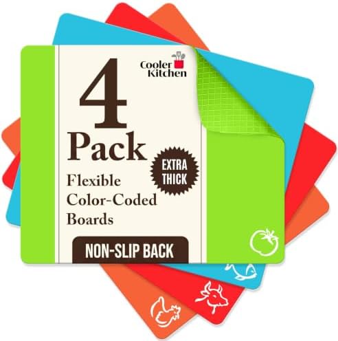 Plastic Cutting Boards for Kitchen, Flexible Mat Set of 4 Thick Large 15x12 by CoolerKitchen
