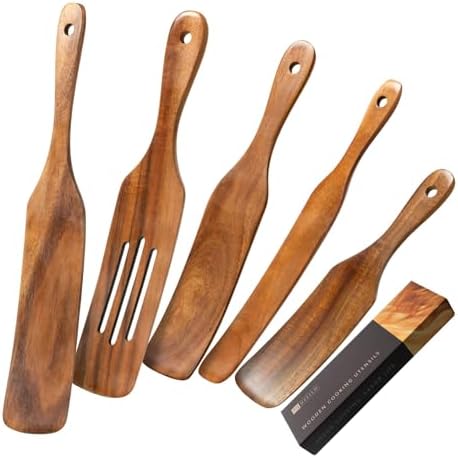 Wooden Spatulas for Cooking, 5-Piece Teak Spurtle Set, Smooth Finish by HEFILD