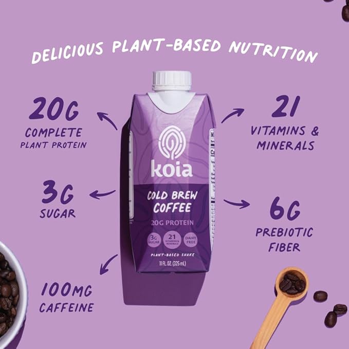 Koia Plant Based Protein Shake, Cold Brew Coffee, 20g Protein, 3g Sugar, 6g Prebiotic Fiber, 21 Vitamins & Minerals, Meal Replacement Drinks, Dairy-Free, Gluten-Free, Non-GMO, 11 Fl Oz (Pack of 12)