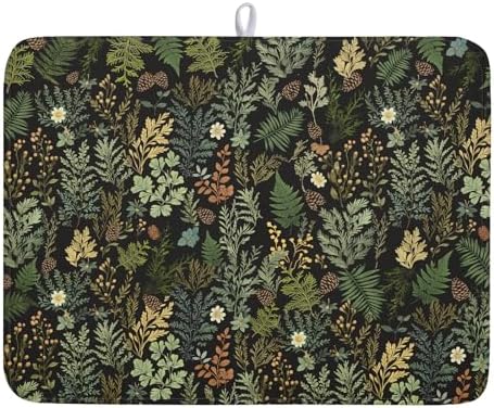 Black Green Botanical Dish Drying Mat by Kawani