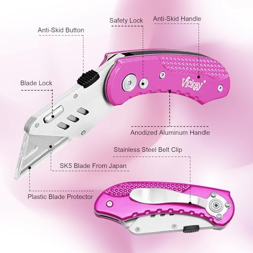 Vickay Folding Utility Knife, Heavy Duty Box Cutter, Razor Knife-Hot Pink - Image 3
