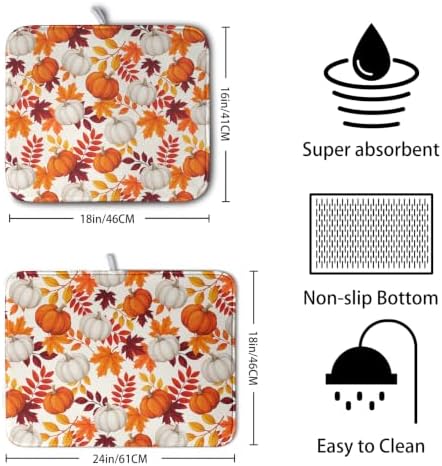 Fall Dish Drying Mat for Kitchen Counter Autumn Orange White Pumpkin Maple - Image 2