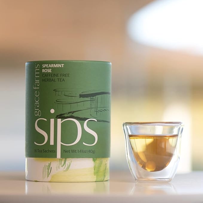 Grace Farms Organic SPEARMINT ROSE Herbal Tea (16 Pyramid Sachets) | Naturally Sweet, Stress Relieving and Caffeine Free | Organic, Fair Trade and Kosher Certified | Delicious Iced Tea | Gives Back 100% of Profits