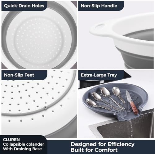 Collapsible Colander Set with Oversized Draining Tray | 3-Pack Foldable Kitchen - Image 6