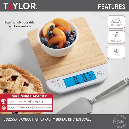 Taylor Bamboo Digital Backlit Kitchen Scale - 15 lb Max Capacity - Image 2