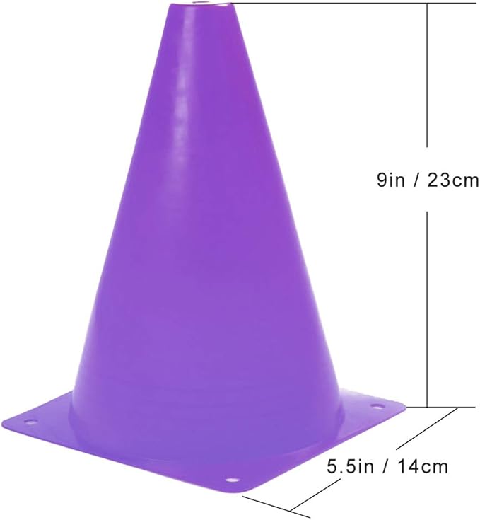 9 Inch Plastic Training Traffic Cones, Sport Cones, Agility Field Marker Cones for Soccer Basketball Football Drills Training, Outdoor Activity or Events - (Set of 10, 12, 15 or 24, 4 Colors)