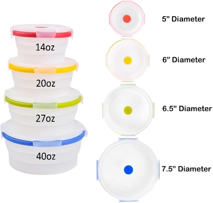 Collapsible Silicone Food Storage Containers, BPA Free, Microwave, Freezer and Dishwasher Safe, Lunch, Meal Prep, Travel, Space-Saving