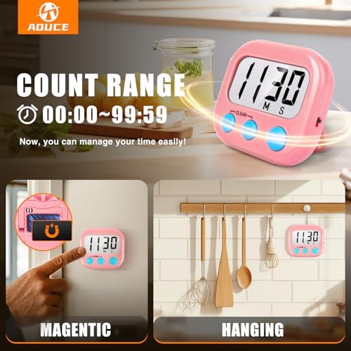 AOUCE Digital Kitchen Timers for Cooking, Timer for Kids 6 Pack Pink - Image 3