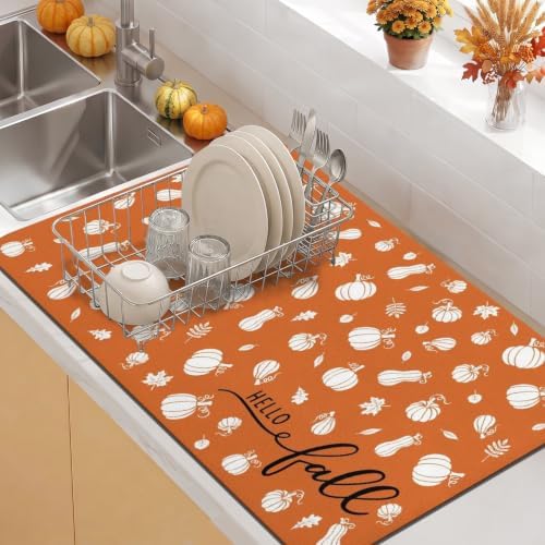 Fall Dish Drying Mat Autumn Decor Kitchen Countertop, Super Absorbent Coffee by Kuyig+Home
