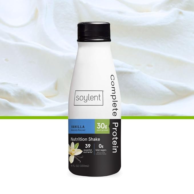 Soylent Complete Protein Shake, Vanilla, 30g Protein, Vegan, Dairy Free and 0g Sugar, Ready to Drink Protein Drinks, 11oz (12 Pack)