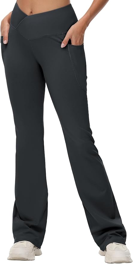 baleaf Women's V Crossover Flare Leggings with Pockets Yoga Pants High Waist Casual Workout Gym Bell Bottom Leggings