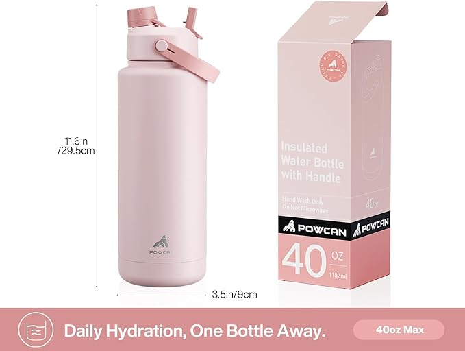 40 oz Insulated Water Bottle with 2-in-1 Straw and Spout Lid, Keep Cold 24H, Leak-Proof, BPA-Free, Double Wall Stainless Steel Water Bottle for Sports, Gym, Travel, and School (Cotton Candy)