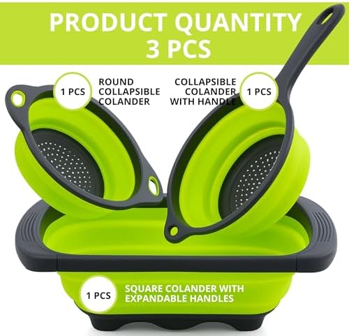 3PCS Green Foldable Kitchen Strainer Set – Silicone Colander Collapsible - Image 4