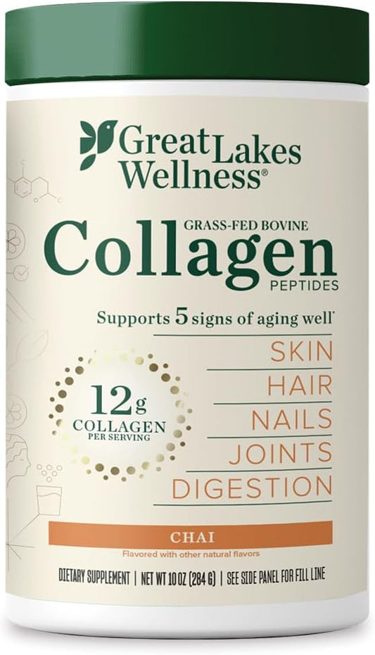 Great Lakes Wellness Collagen Peptides Powder for Skin, Hair, Nails, Joints & Digestion - Chai Flavored - Quick Dissolve Hydrolyzed, Non-GMO, Kosher - 10 oz