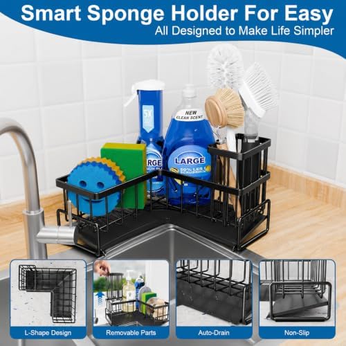 Sink Caddy with Drain, L-Shaped Sponge Holder - Image 4