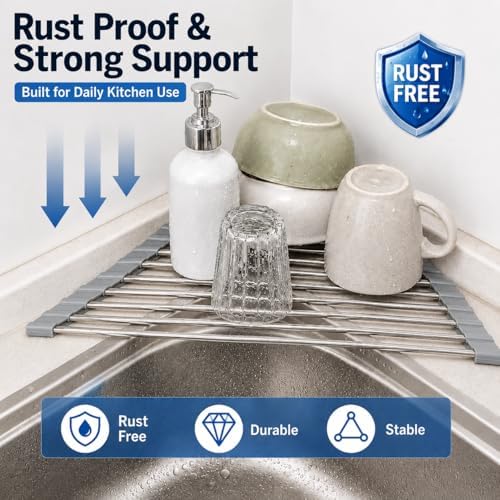 Roll Up Dish Drying Rack Over Sink, Space Saving Corner Sink Rack - Image 5