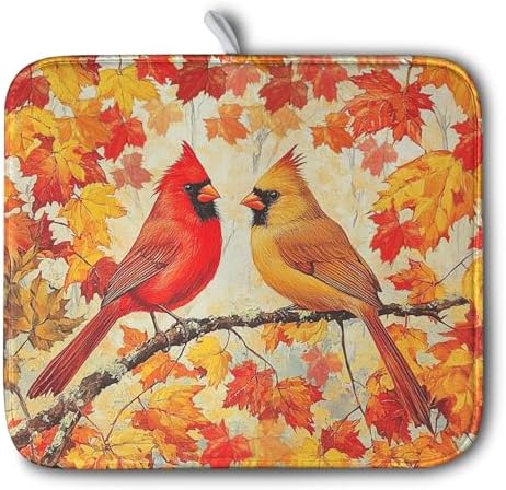 Fall Dish Drying Mats for Kitchen Counter Maple Leaf Cardinal Birds Dish by Kwlegh