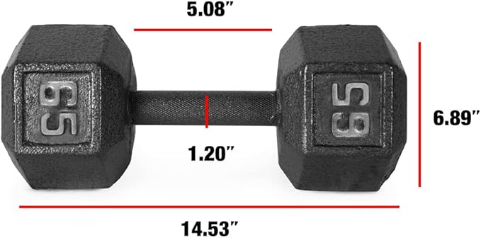 WF Athletic Supply Cast Iron Solid Hexagon Gray/Black Dumbbells, Strength Training Free Weights Set of 2 for Women and Men, Hand Weights Sold by Pairs, Multi-Select Size Options Available