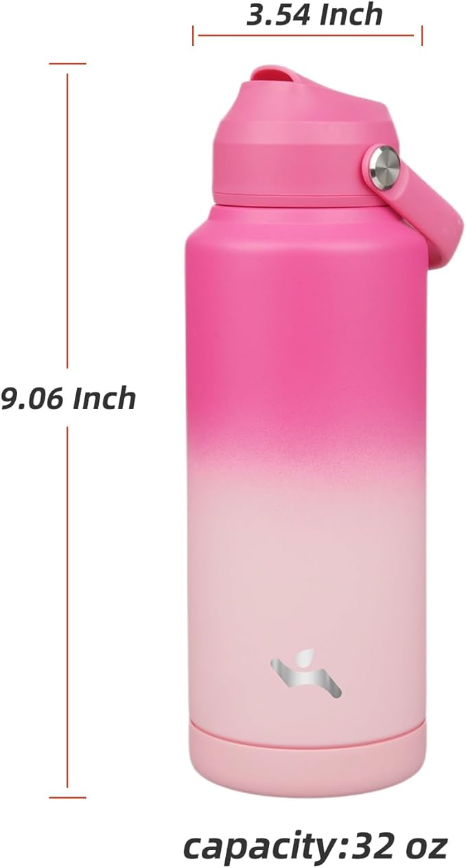 Insulated Water Bottle with Straw Lid,32 oz Stainless Steel Vacuum Metal Bottle with Silicone Handle,Cherry Blossom