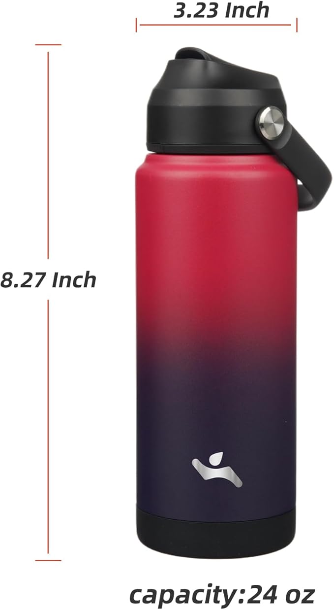 Insulated Water Bottle with Straw Lid,24 oz Stainless Steel Vacuum Metal Bottle with Silicone Handle,Rosy Red