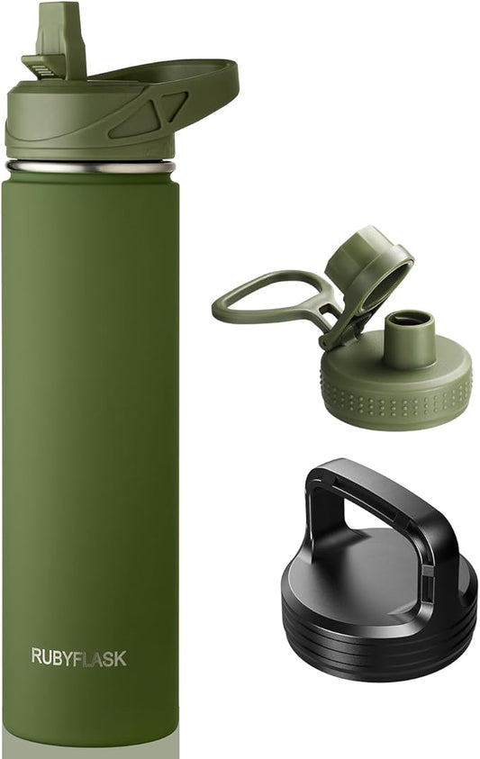 24oz Insulated Water Bottle with Straw, Stainless Steel Metal Vacuum Water Flask, Large Thermal Water bottle with Leakproof 3 Lids for Travel, Camping, Gym Sports Armygreen