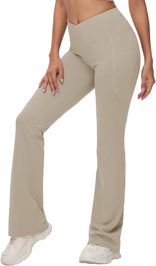 baleaf Women's V Crossover Flare Leggings with Pockets Yoga Pants High Waist Casual Workout Gym Bell Bottom Leggings