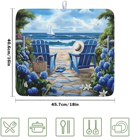Summer Beach Chairs Dish Drying Mat Sea Wave Blue Floral Drying Mat fo Kitchen - Image 2