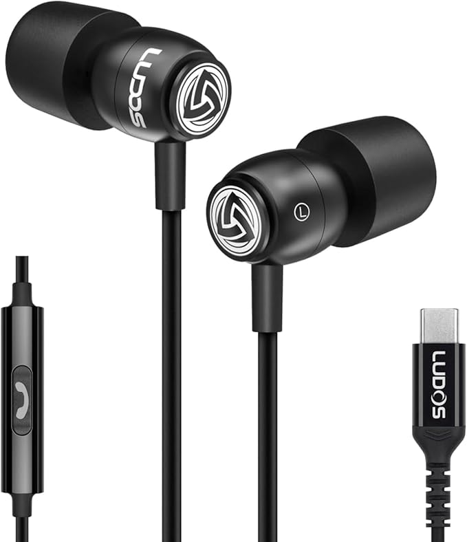 LUDOS Clamor USB C Headphones for iPhone 17 16 15 Pro Max Plus Air iPad Pro, 5 Years Warranty, USB-C Earbuds for Samsung Galaxy S24 S23 Ultra S22 S21 FE S20 A55 A54 A53, USB Type C Earphones - Black