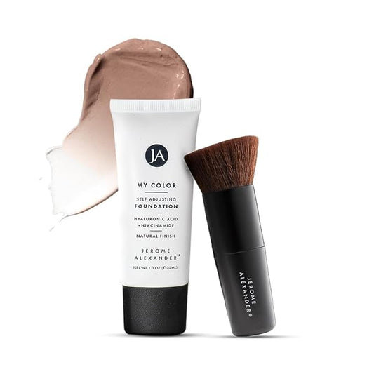 Jerome Alexander My Color Self-Adjusting Foundation, Hydrating & Lightweight Face Makeup, Skincare-Infused, with Kabuki Brush, Medium Dark, 1 oz