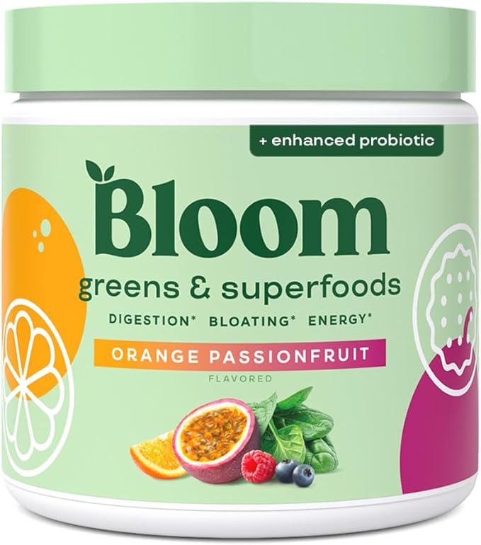 Bloom Nutrition Superfood Greens Powder, Digestive Enzymes with Probiotics and Prebiotics, Gut Health, Bloating Relief for Women, Chlorella, Juice Mix w/Beet Root Powder, 30 SVG, Orange Passionfruit