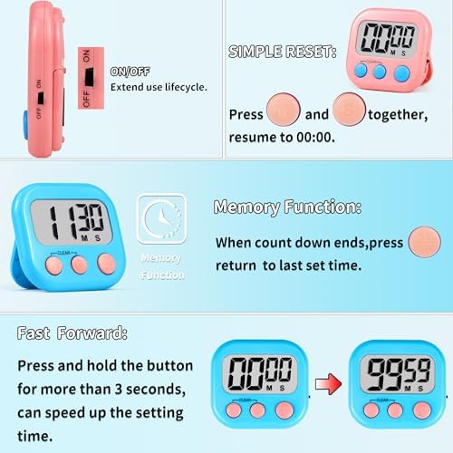 Timer for Kids Digital Kitchen Timers for Cooking- 2 Pack Blue Pink - Image 4