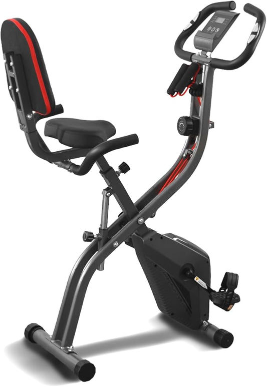 Exercise Bike Stationary Bike Folding Exercise Bike with 10 Level Adjustable Magentic Resistance Support Back Pad and Phone/Tablet Holder Arm Resistance Band Pulse Sensor LCD Monitor for Home Workout 265 LB Capacity