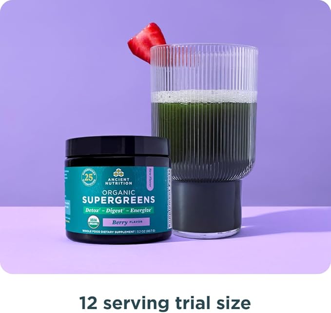 Ancient Nutrition SuperGreens Powder with Probiotics, Organic Berry Flavor Greens, Made from Real Fruits, Vegetables and Herbs, Digestive and Energy Support, 12 Servings, 3.2oz