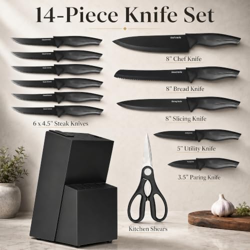 LINHAO 14-Piece Black Kitchen Knife Block Set - Image 2