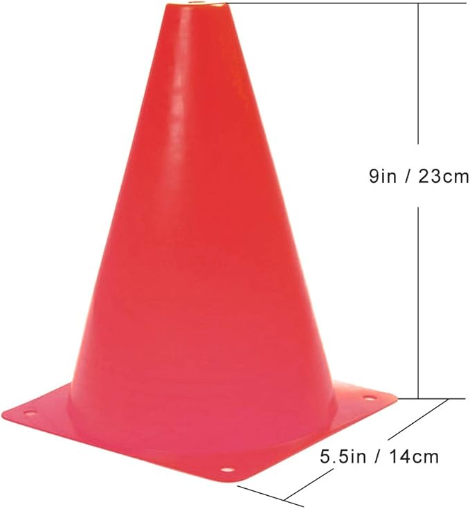 9 Inch Plastic Training Traffic Cones, Sport Cones, Agility Field Marker Cones for Soccer Basketball Football Drills Training, Outdoor Activity or Events - (Set of 10, 12, 15 or 24, 4 Colors)