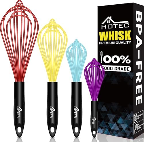HOTEC 4 Pieces Silicone Whisks Set, Wire Balloon Whisks by Hotec