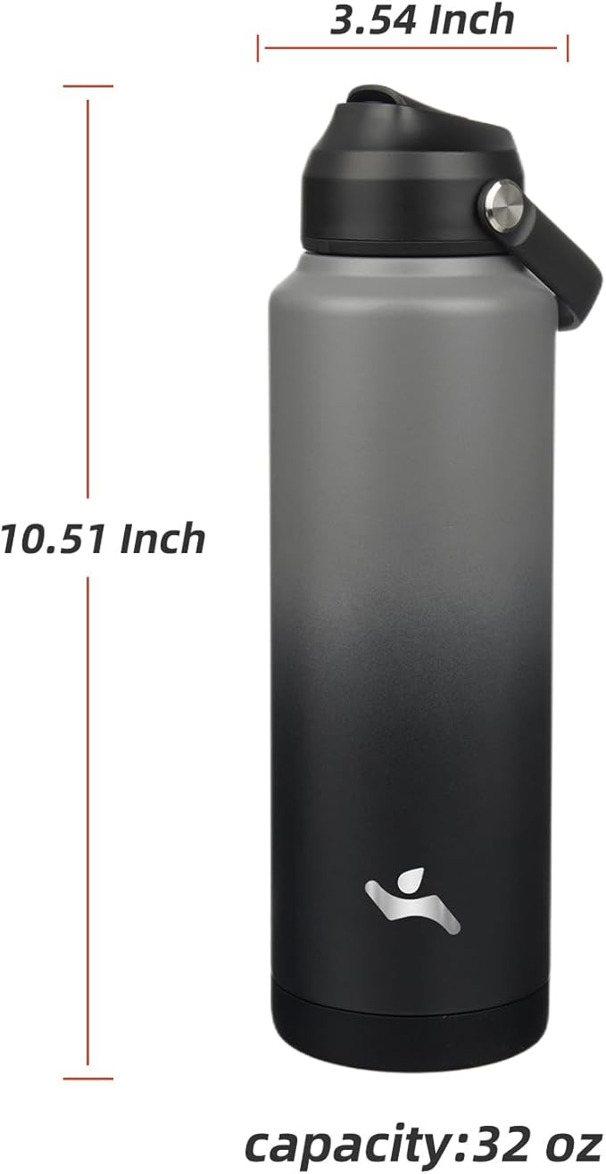 Insulated Water Bottle with Straw Lid,40 oz Stainless Steel Vacuum Metal Bottle with Silicone Handle,Gray Black