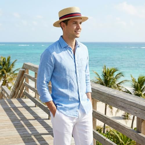Classic Straw Boater Hat for Men and Women, Vintage Skimmer Flat Top Hat - Image 3