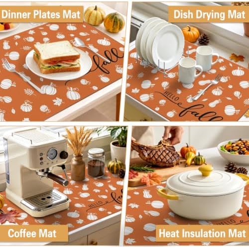Fall Dish Drying Mat Autumn Decor Kitchen Countertop, Super Absorbent Coffee - Image 6