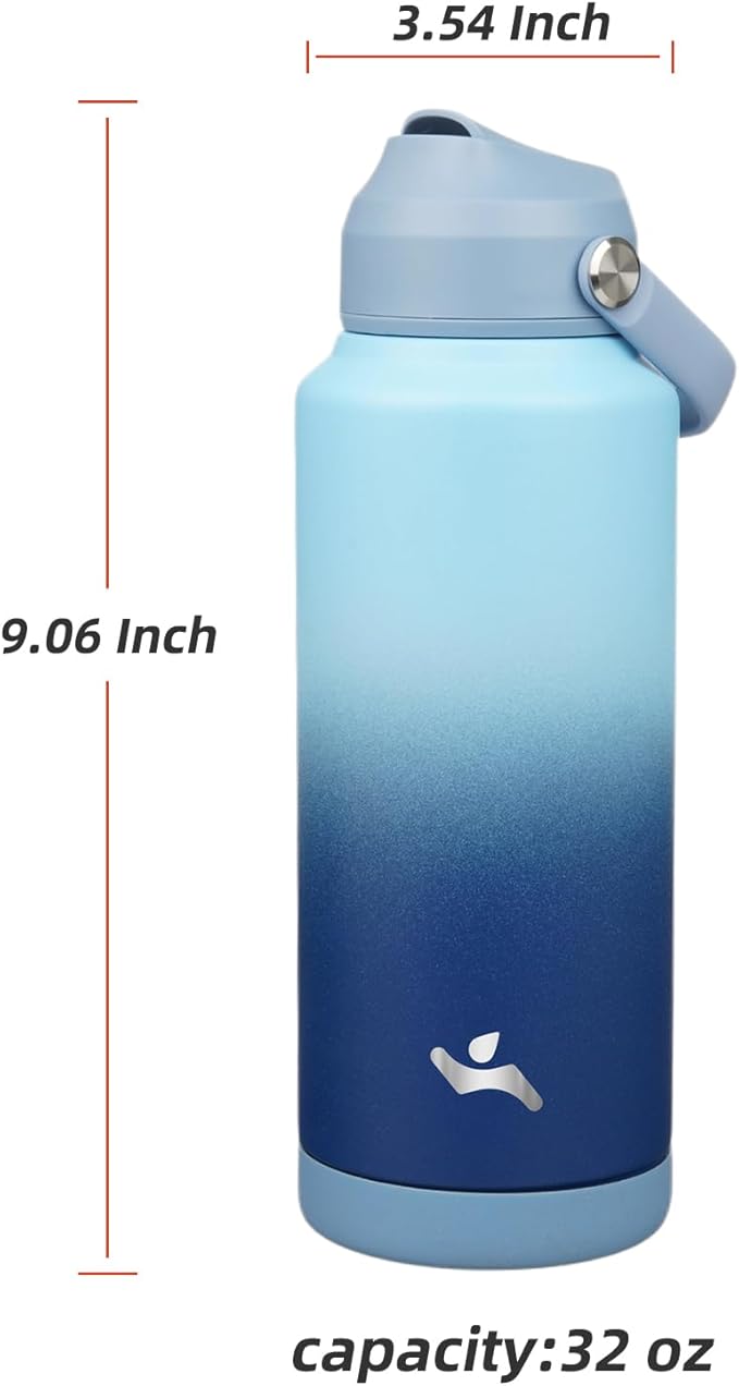 Insulated Water Bottle with Straw Lid,32 oz Stainless Steel Vacuum Metal Bottle with Silicone Handle,Gray Black