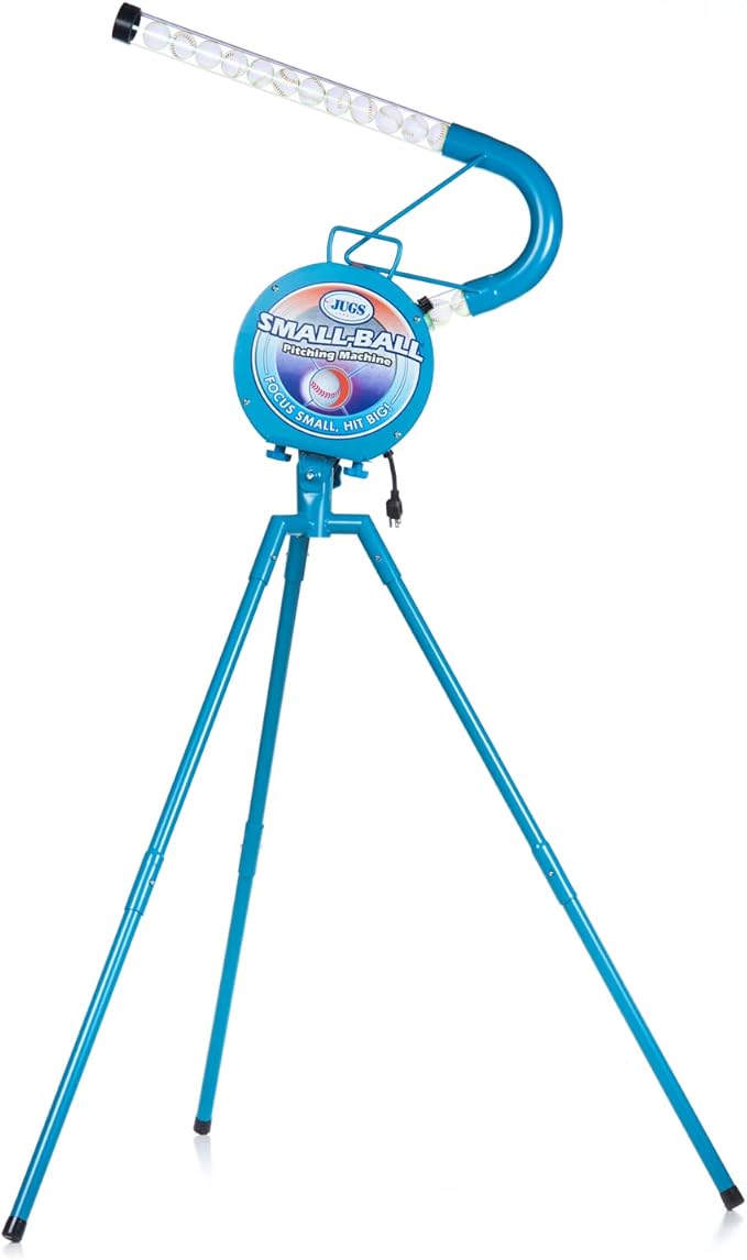 Jugs Small-Ball Pitching Machine with 2-Dozen Small-Balls—1-Dozen White and 1-Dozen Vision-Enhanced Yellow. Hitting Big. Throws fastballs or Overhand Curves., JUGS Blue