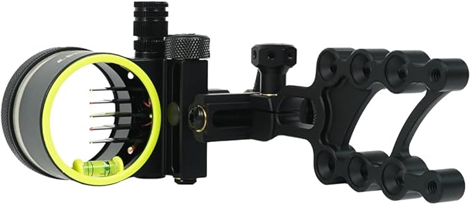 Archery 5-Pin Bow Sight - 0.019" Fiber, Brass Pin, Aluminum Machined - Right and Left Handed, with Hi-Vis Level for Archery, Hunting, Shooting