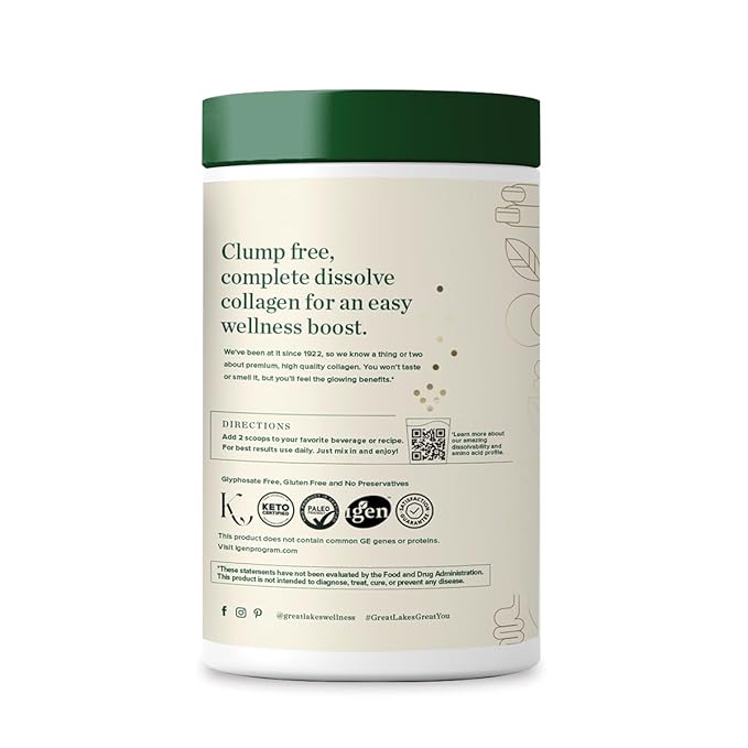 Great Lakes Wellness Collagen Peptides Powder for Skin, Hair, Nails, Joints & Digestion - Unflavored - Quick Dissolve Hydrolyzed, Non-GMO, Keto, Kosher - 16oz