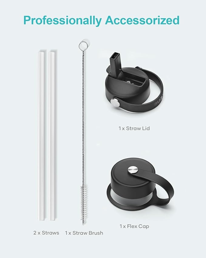 BUZIO 24 oz Insulated Water Bottle, Stainless Steel Wide Mouth Water Flask with Straw Lid, Cold for 48 Hrs Leak Proof Metal Hydro Thermo Canteen Mug, Black