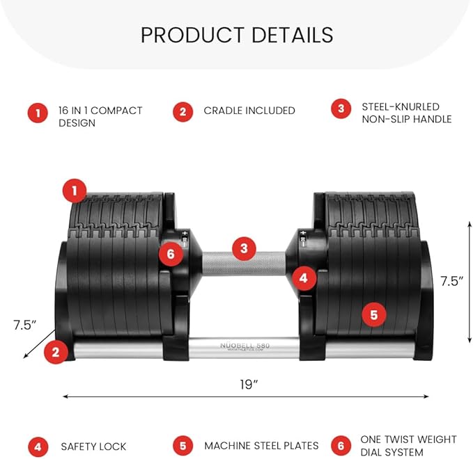 NUOBELL Adjustable Dumbbells 5-80 lbs: Replace 16 Sets, Ideal for Home Gym Weight Bench & Press