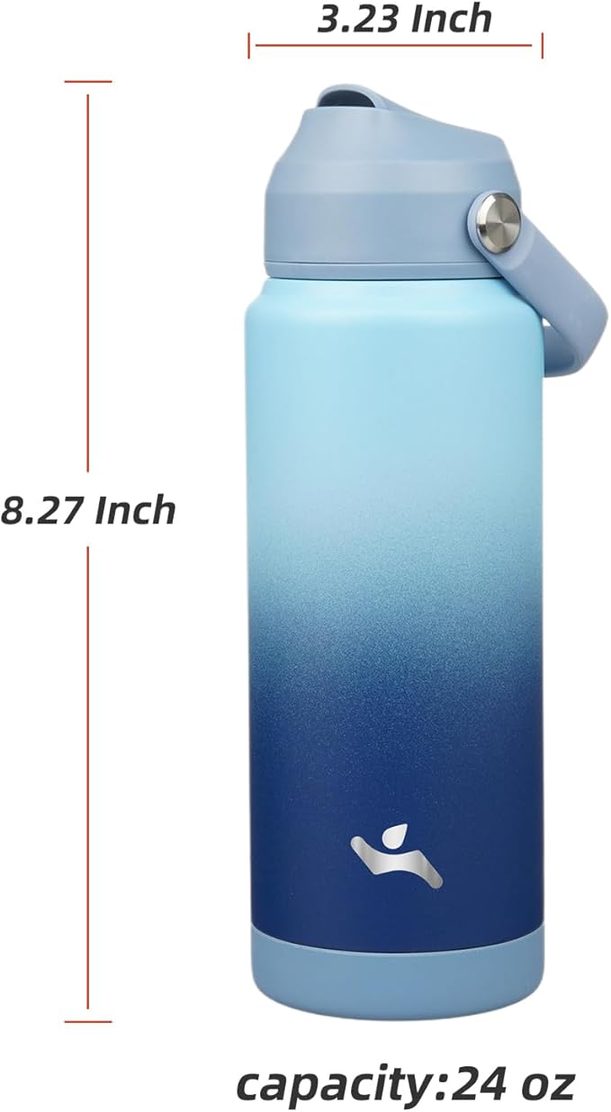 Insulated Water Bottle with Straw Lid,24 oz Stainless Steel Vacuum Metal Bottle with Silicone Handle,Sky