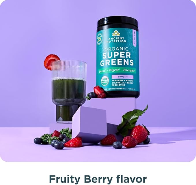 Ancient Nutrition SuperGreens Powder with Probiotics, Organic Berry Flavor Greens, Made from Real Fruits, Vegetables and Herbs, Digestive and Energy Support, 25 Servings, 6.7oz
