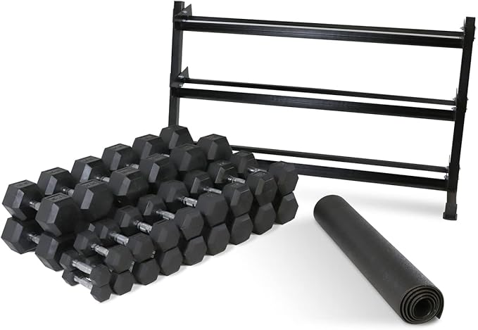 WF Athletic Supply Rubber Coated Hex Dumbbell Set, Multiple Choices Available - Dumbbells with Rack Stand and Mat, or Dumbbells Only (200/550/1200/2100/3000 LB)