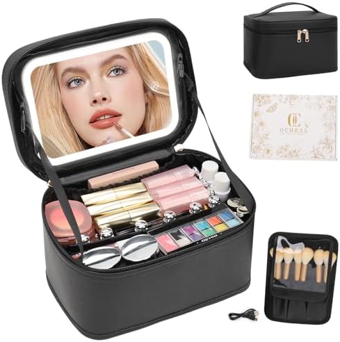 OCHEAL Makeup Bag With LED Mirror, Travel Makeup Bag With 3 Color Setting Light by OCHEAL