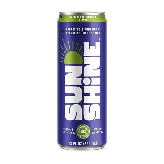 Sunshine Sparkling Energy Drink, Ginger Berry with Daily Essential Vitamins, 360mg of Electrolytes, 70mg of Natural Caffeine, 12 Fl Oz (Pack of 12)